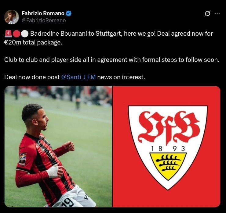 Here we go!罗马诺:斯图加特即将签下尼斯20岁前锋布阿纳尼